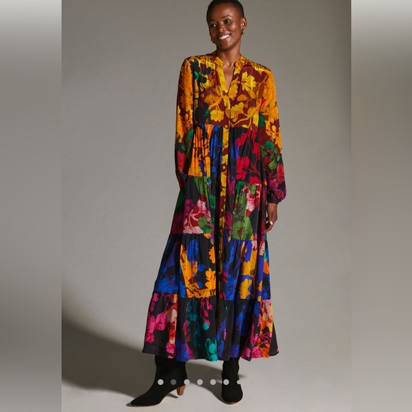 NWT $228. Anthro multicolored button front long sleeve maxi dress size medium. - Picture 6 of 13